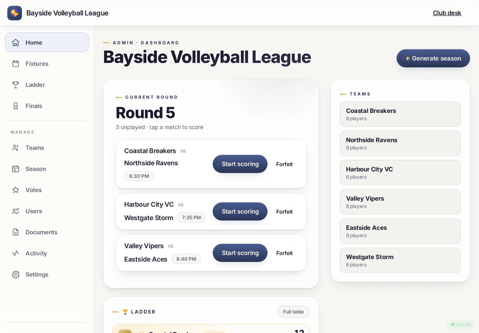 The club desk: this round's fixtures with Start scoring buttons, and the team list