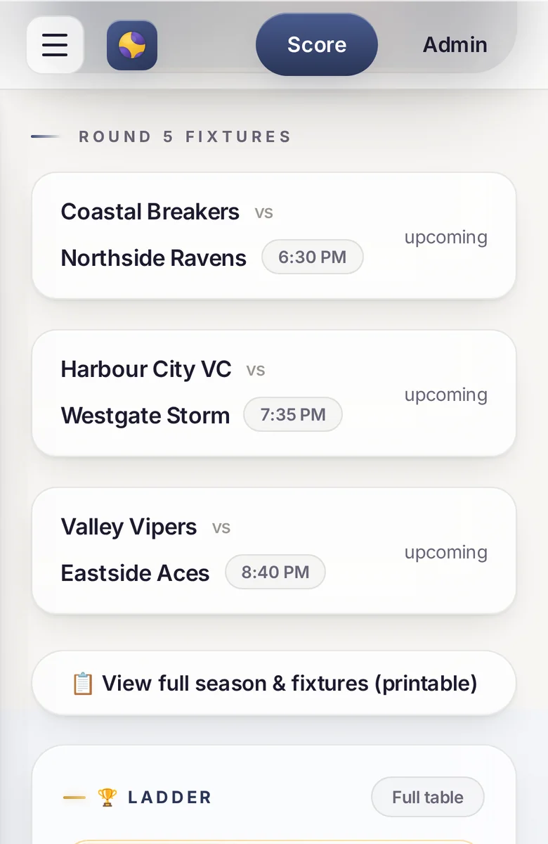 Volleyball fixtures on a phone with courts and start times