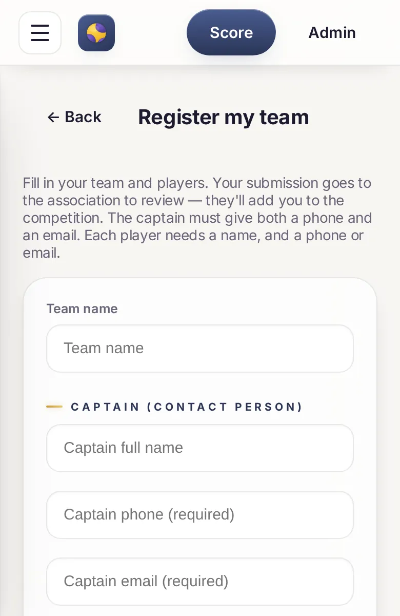 Team registration form on a phone