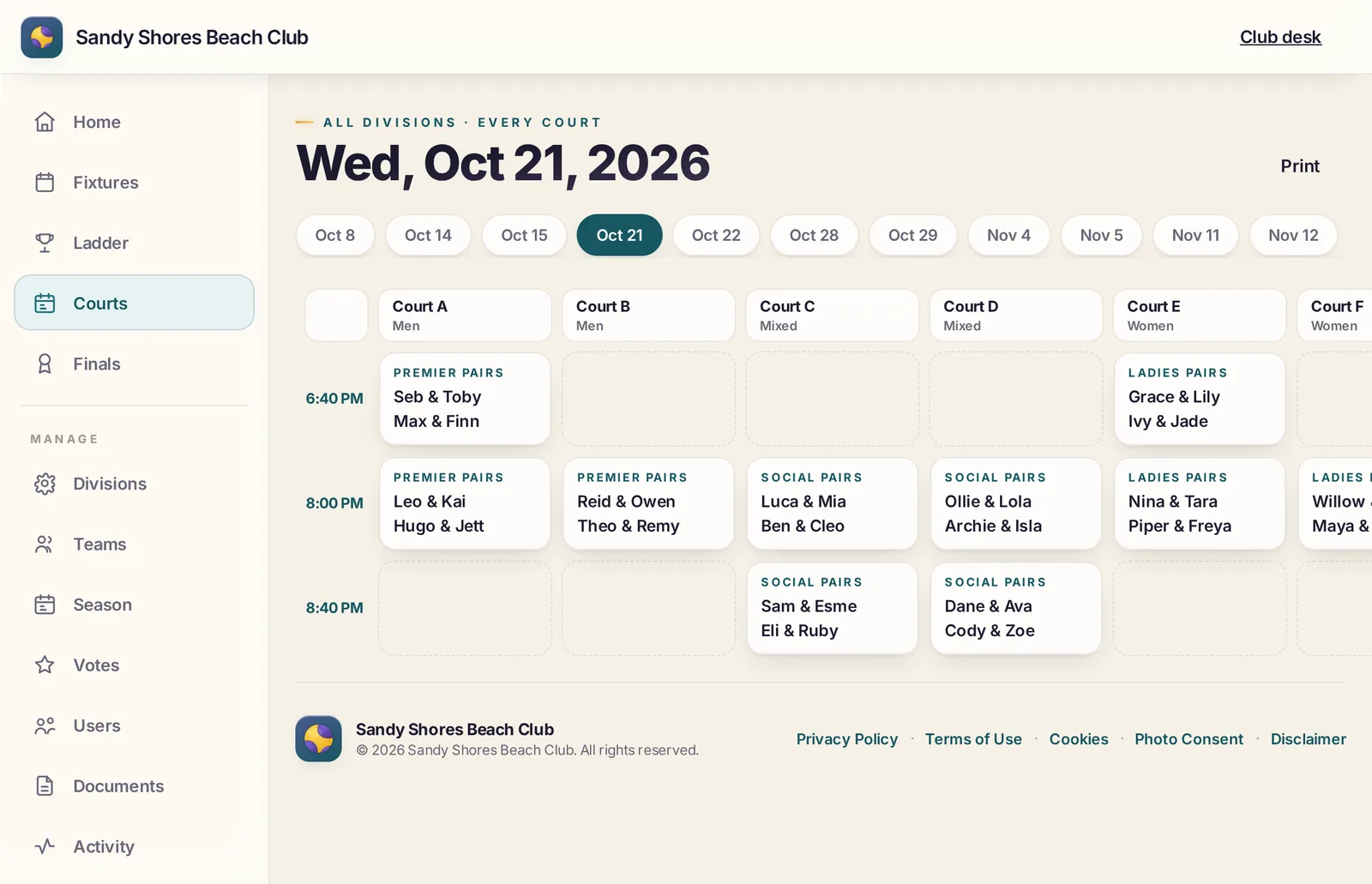 Courts board: every court and start time for the night, with each division's games