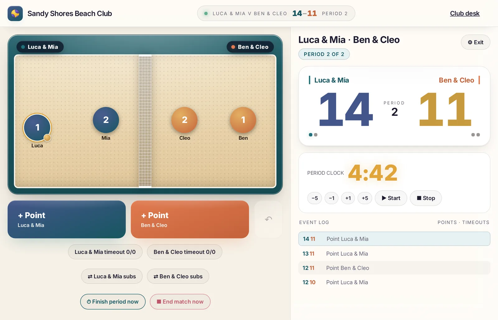 The normal scoring screen on a pairs game, with a 12-minute period clock