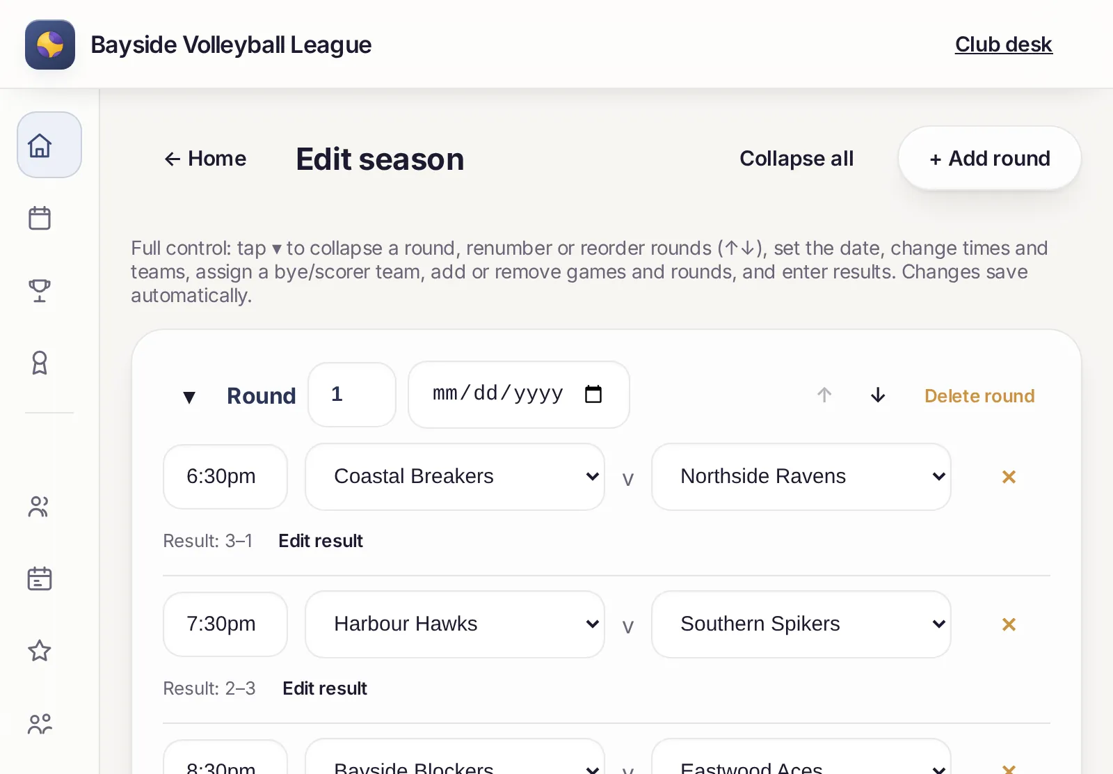 Season editor with rounds, dates, times and matchups
