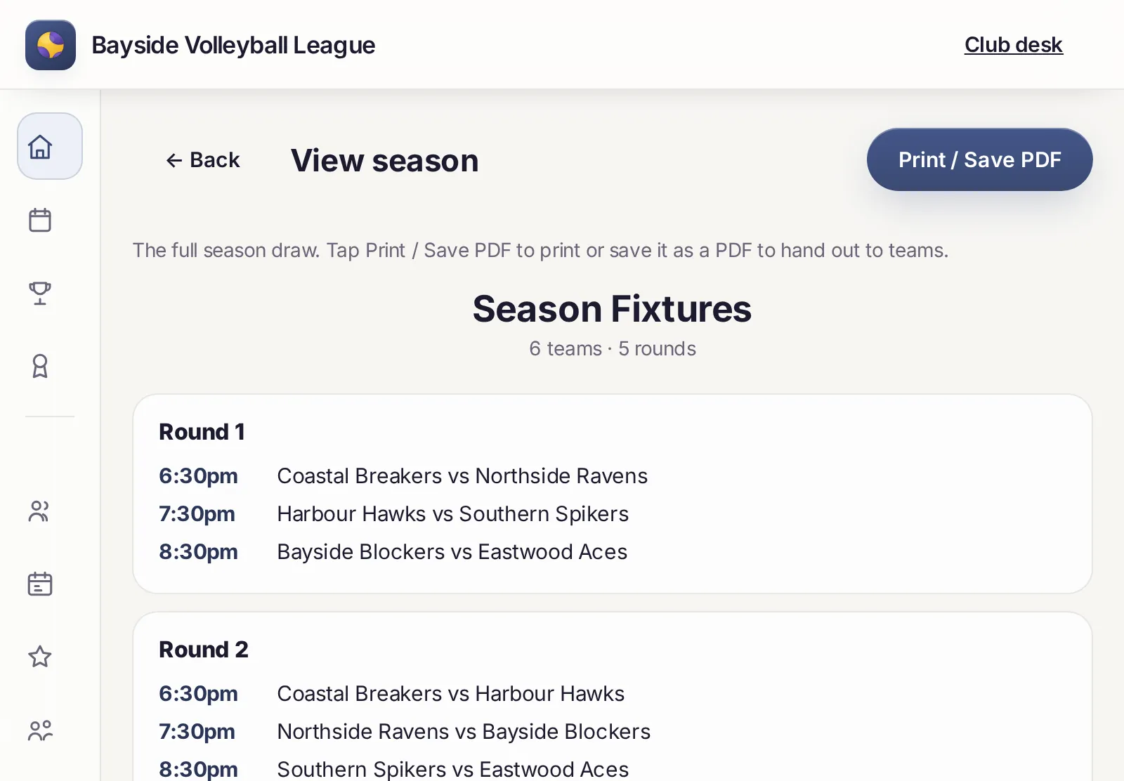 Season fixtures laid out round by round for printing