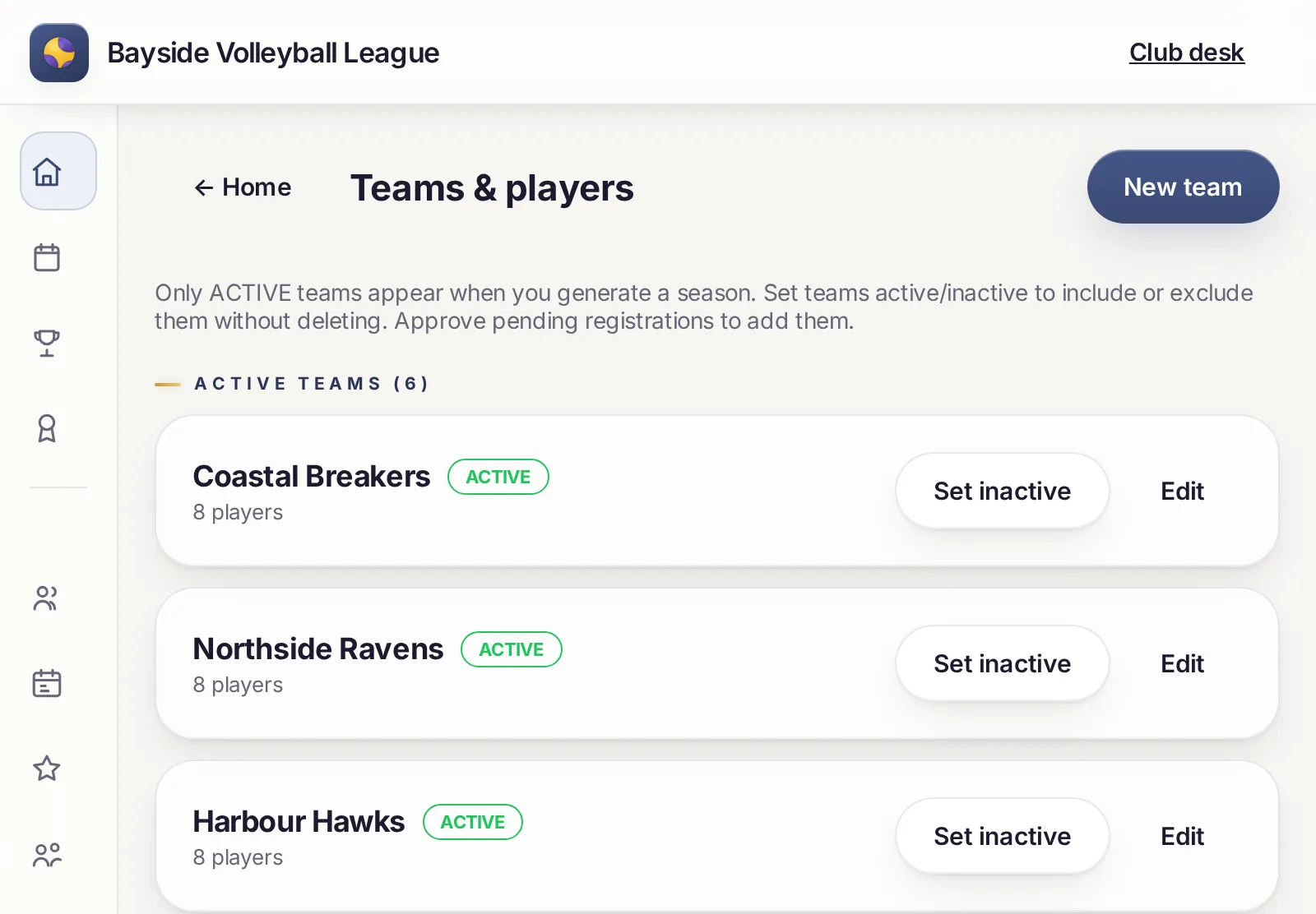 Teams and players list with active teams